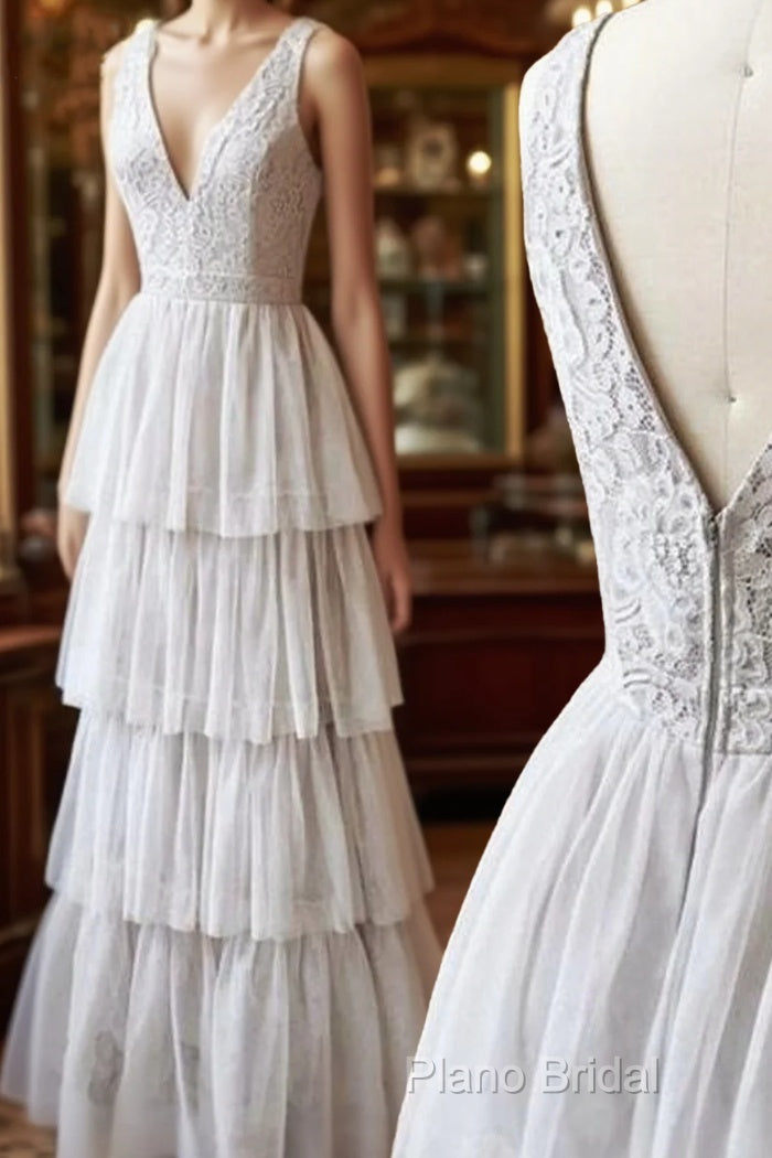 A Line V Neck Gray Lace Formal Prom Dresses, V Neck Gray Lace Formal Graduation Bridesmaid Dresses Main image