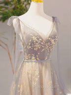 A-Line V Neck Gray Long Formal Prom Dresses, Tulle Sequin Lace Long Forma Dresses