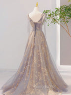 A-Line V Neck Gray Long Formal Prom Dresses, Tulle Sequin Lace Long Forma Dresses