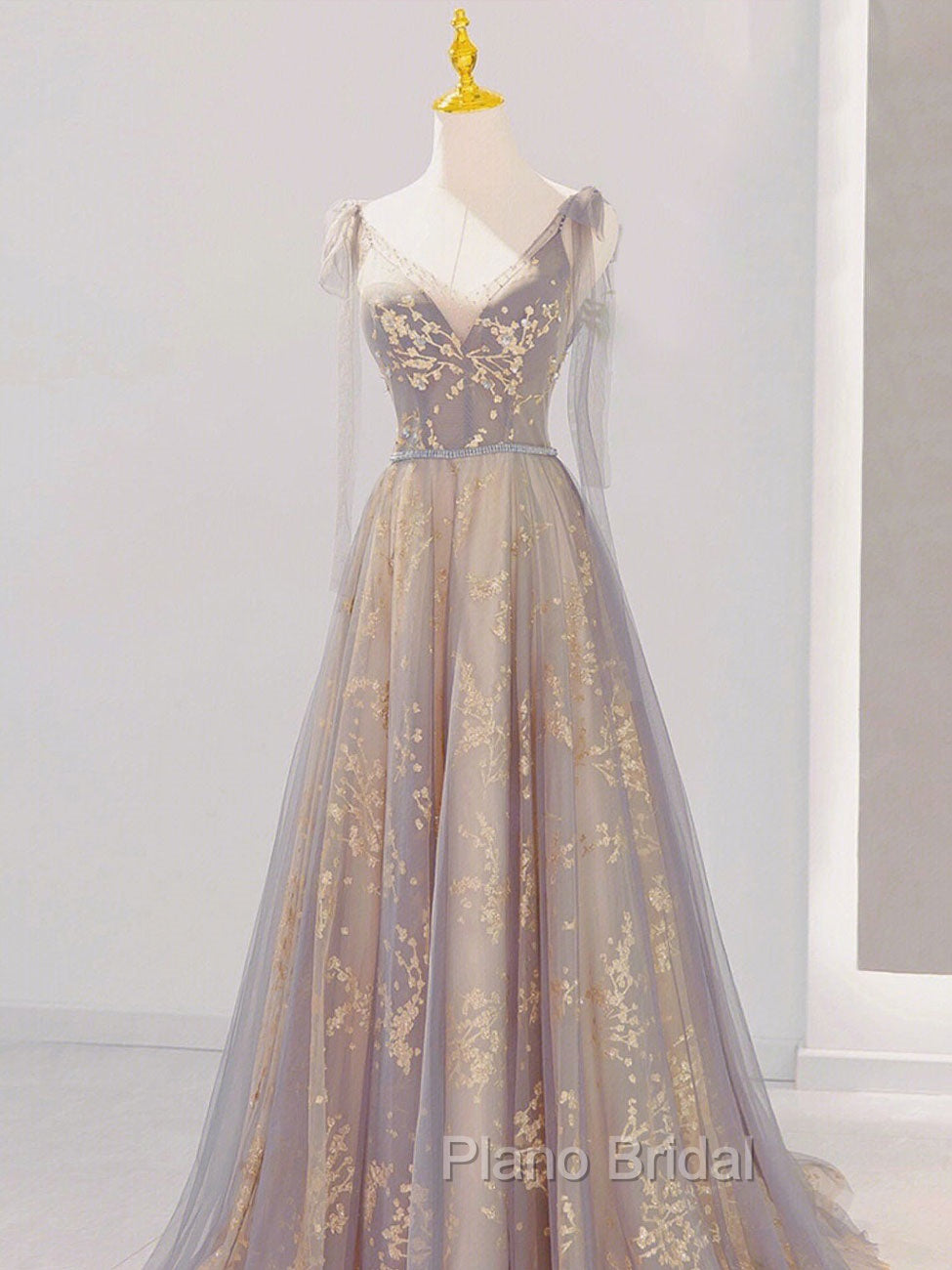 A-Line V Neck Gray Long Formal Prom Dresses, Tulle Sequin Lace Long Forma Dresses