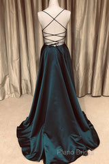 A Line V Neck Green/Blue Backless Long Formal Prom Dresses, V Neck Backless Green/Blue Formal Graduation Formal Dresses