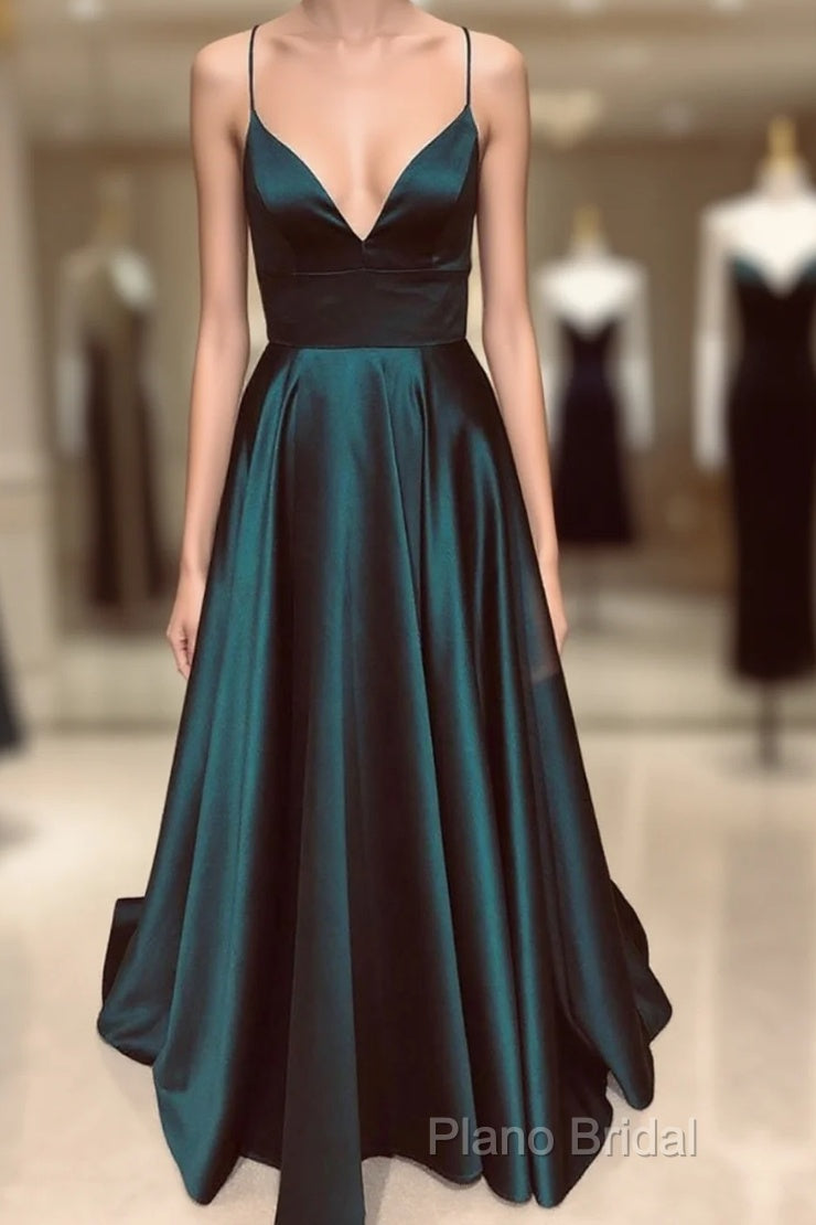 A Line V Neck Green/Blue Backless Long Formal Prom Dresses, V Neck Backless Green/Blue Formal Graduation Formal Dresses Main image
