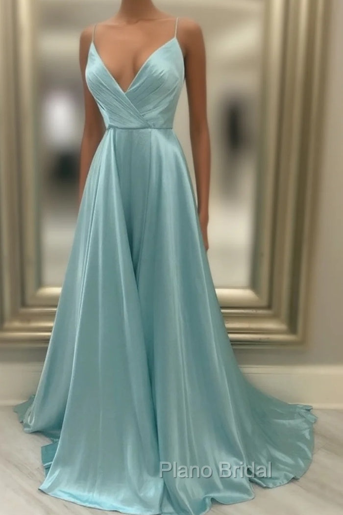 A Line V Neck Green Satin Long Formal Prom Dresses, Green V Neck Long Formal Evening Dresses Main image