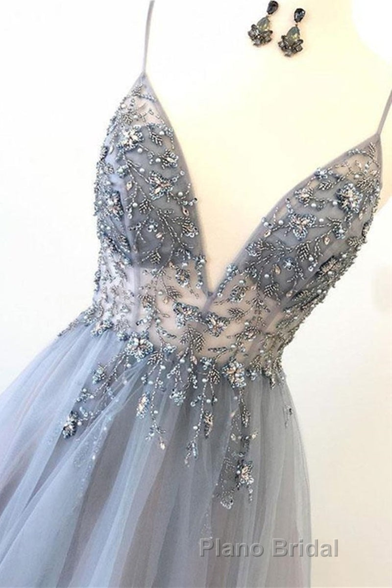A Line V Neck Grey Beaded Long Formal Prom Dress with Split, Grey Beaded Formal Graduation Evening Dress Secondary image