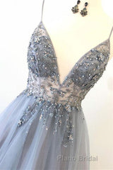 A Line V Neck Grey Beaded Long Formal Prom Dress with Split, Grey Beaded Formal Graduation Evening Dress