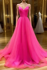 A Line V Neck Hot Pink Long Formal Prom Dresses, V Neck Hot Pink Long Formal Evening Dresses