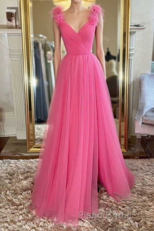 A Line V Neck Hot Pink Tulle Long Formal Prom Dress with Slit, Hot Pink Formal Graduation Evening Dress Main image