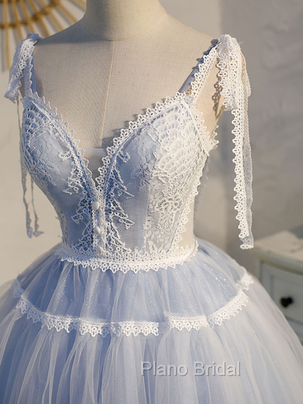 A Line V Neck Lace Blue Short Formal Prom Dresses, Blue Puffy Homecoming Dresses