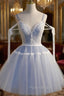 A Line V Neck Lace Blue Short Formal Prom Dresses, Blue Puffy Homecoming Dresses