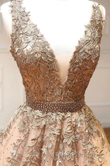 A Line V Neck Lace Champagne Tulle Long Formal Prom Dress, V Neck Lace Champagne Formal Dress, Champagne Lace Evening Dress