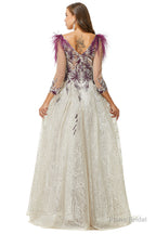 A-Line V-Neck Lace Floor-Length Long Sleeve Open Back Beading Prom Dresses