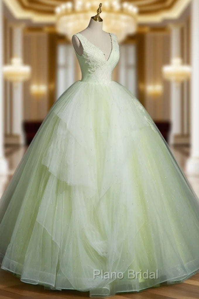 A-Line V Neck Lace Tulle Green Long Formal Prom Dresses, Green Sweet 16 Dresses