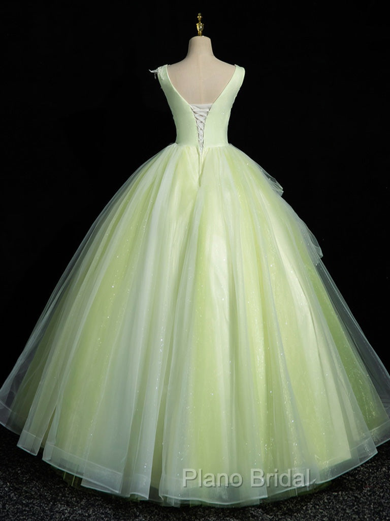 A-Line V Neck Lace Tulle Green Long Formal Prom Dresses, Green Sweet 16 Dresses