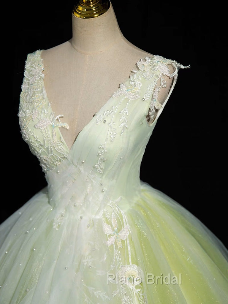 A-Line V Neck Lace Tulle Green Long Formal Prom Dresses, Green Sweet 16 Dresses