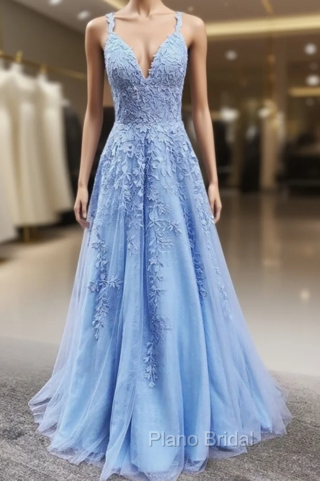 A Line V Neck Light Blue Lace Formal Prom Dresses, V Neck Light Blue Lace Formal Evening Dresses Main image