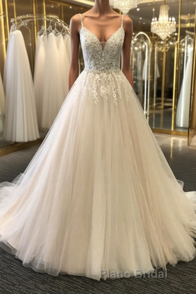 A Line V Neck Light Champagne Lace Formal Prom Dresses, Light Champagne Lace Wedding Formal Dresses Main image