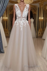 A Line V Neck Long Champagne Lace Wedding Dresses, Champagne Lace Long Formal Formal Prom Dresses