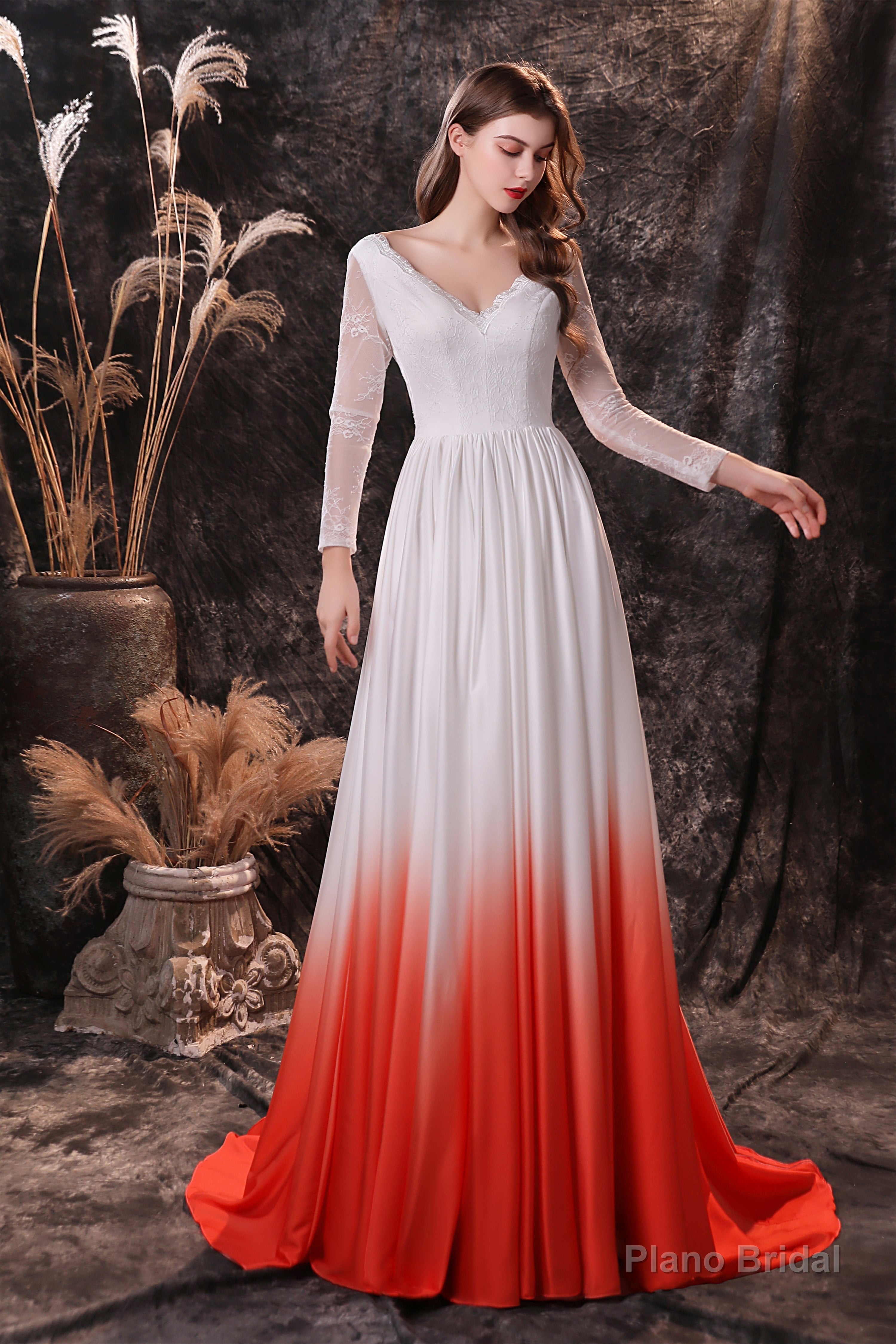 A Line V-Neck Long Sleeve Ombre Silk Like Satin Sweep Train Prom Dresses Main image