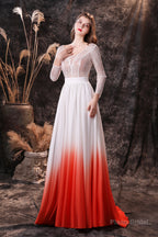 A Line V-Neck Long Sleeve Ombre Silk Like Satin Sweep Train Prom Dresses