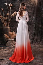 A Line V-Neck Long Sleeve Ombre Silk Like Satin Sweep Train Prom Dresses