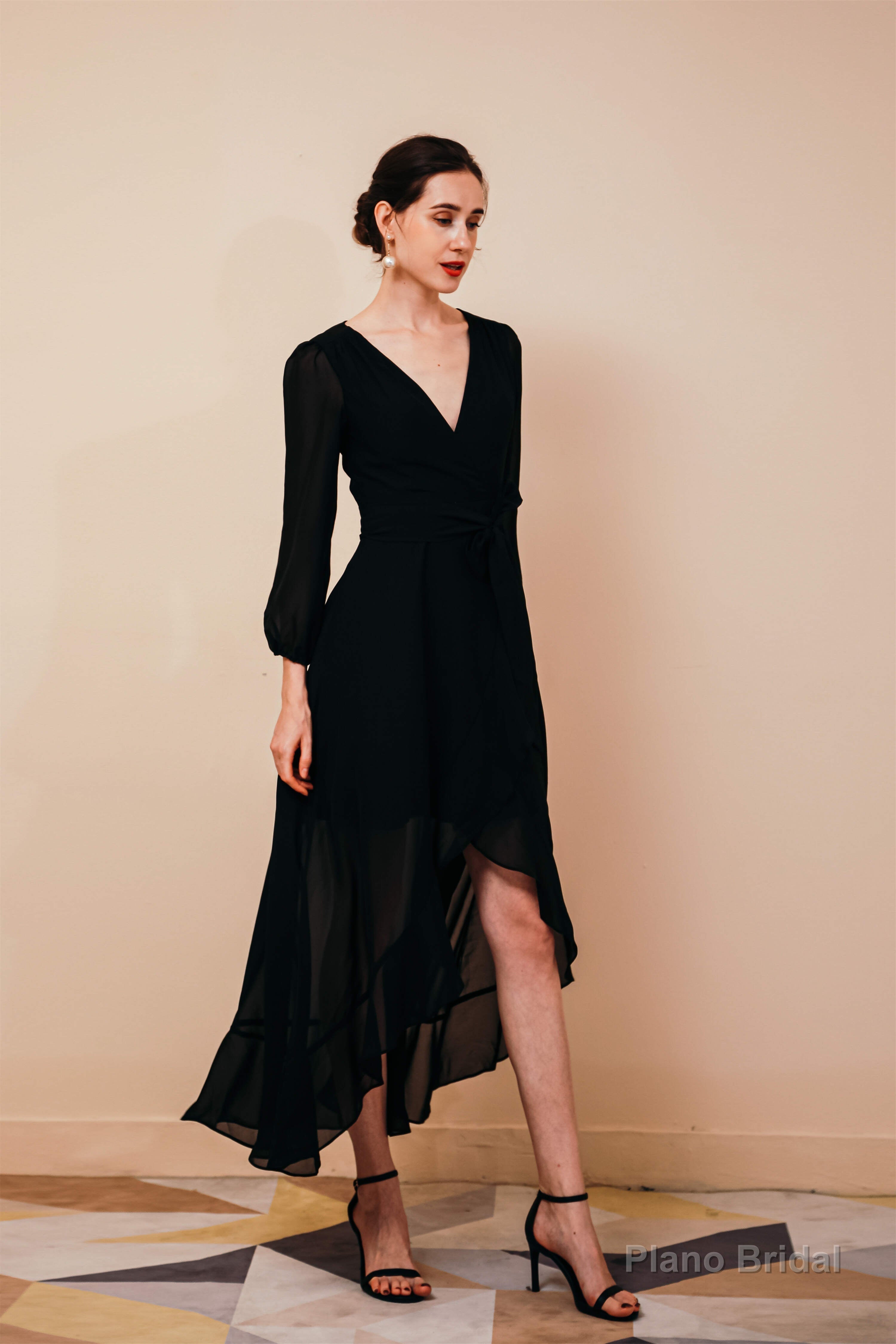 A-Line V-Neck Long Sleeves Chiffon High Low Sash Prom Dresses Secondary image