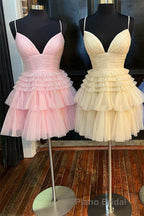 A-Line V-Neck Multi-Tiered Short Party Dresses,Light Pink Cocktail Dresses Short