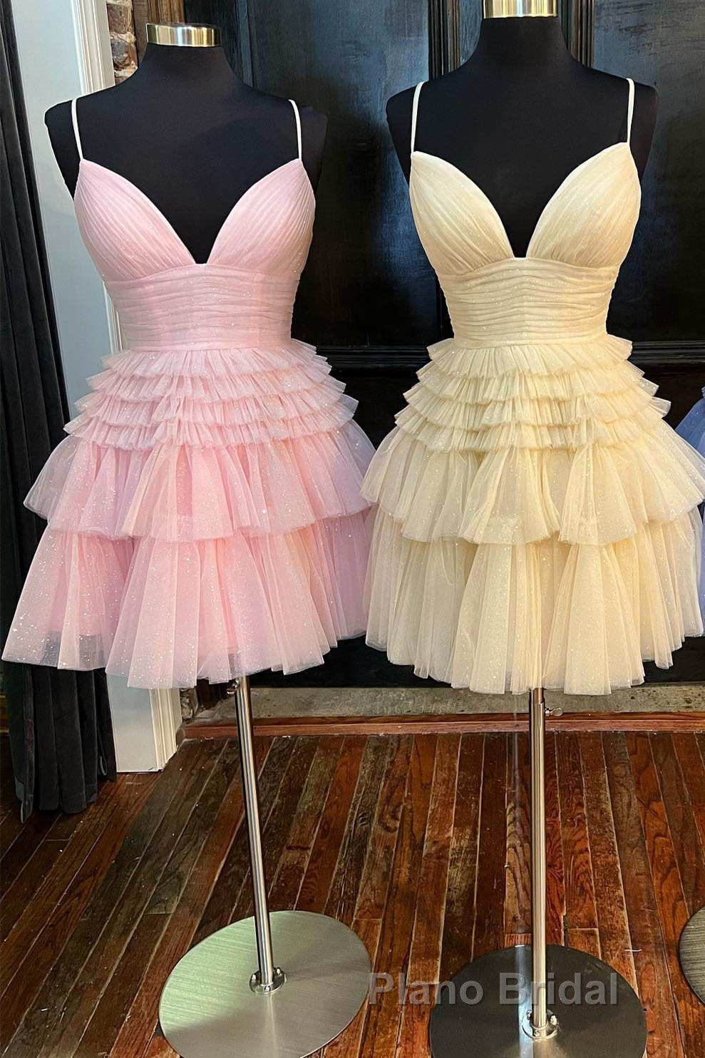 A-Line V-Neck Multi-Tiered Short Party Dresses,Light Pink Cocktail Dresses Short