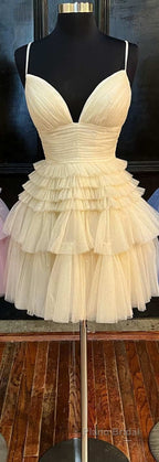A-Line V-Neck Multi-Tiered Short Party Dresses,Light Pink Cocktail Dresses Short