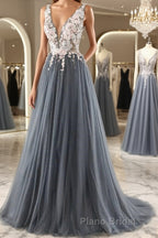A Line V Neck Open Back Appliques Gray Long Formal Prom Dresses, V Neck Grey Formal Dresses, Gray Evening Dresses