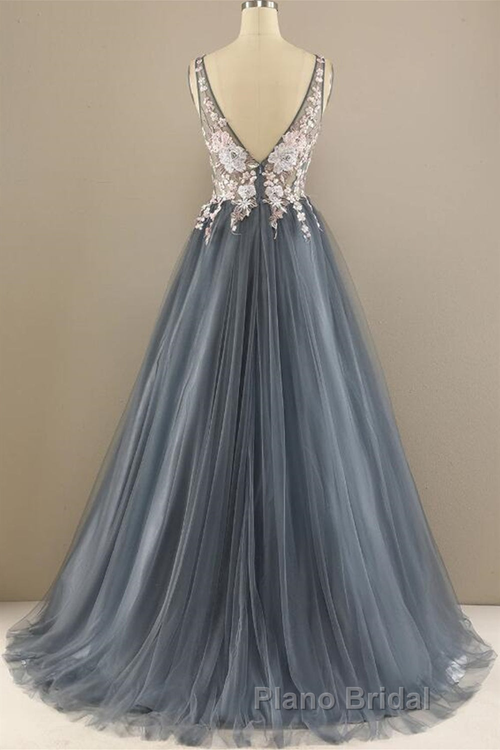 A Line V Neck Open Back Appliques Gray Long Formal Prom Dresses, V Neck Grey Formal Dresses, Gray Evening Dresses