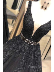 A-Line V-Neck Open Back Black Lace Long Formal Prom Dresses Formal Dresses With Beading,