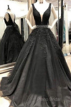 A-Line V-Neck Open Back Black Lace Long Formal Prom Dresses Formal Dresses With Beading,