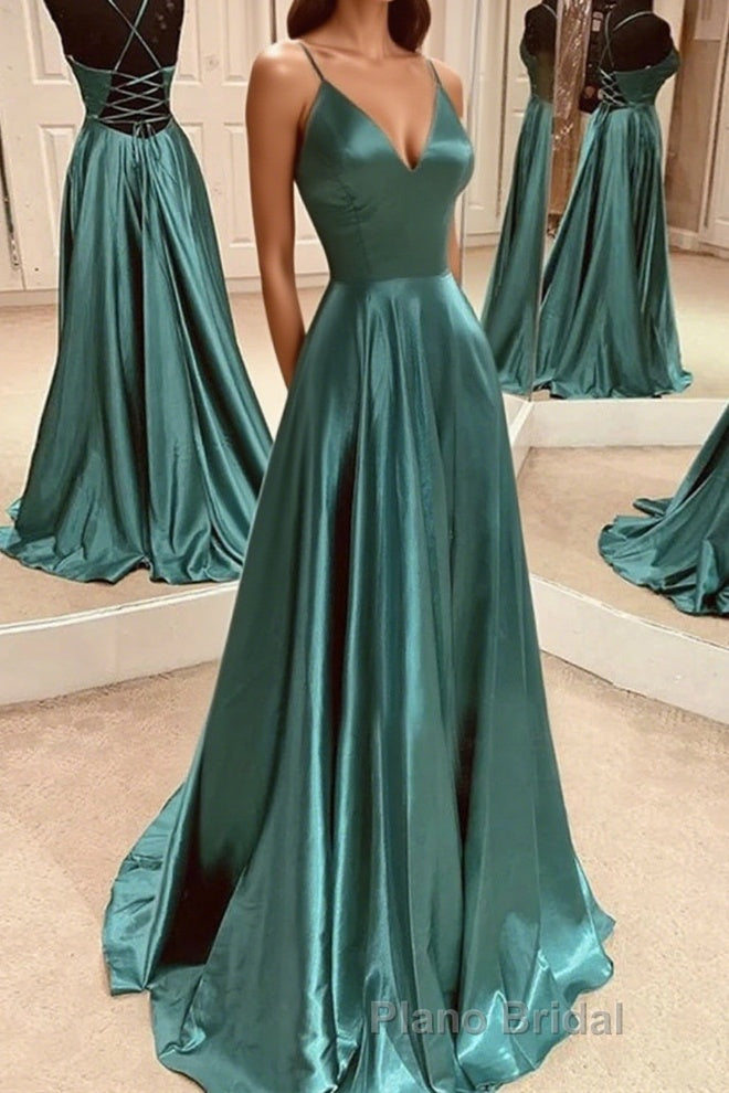 A Line V Neck Open Back Emerald Green Satin Long Formal Prom Dress, Backless Emerald Green Formal Graduation Evening Dress Main image