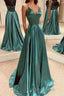 A Line V Neck Open Back Emerald Green Satin Long Formal Prom Dress, Backless Emerald Green Formal Graduation Evening Dress
