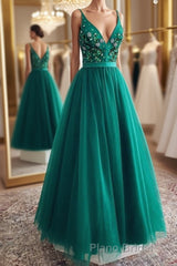 A Line V Neck Open Back Green Floral Long Formal Prom Dresses, Open Back Green Formal Evening Dresses