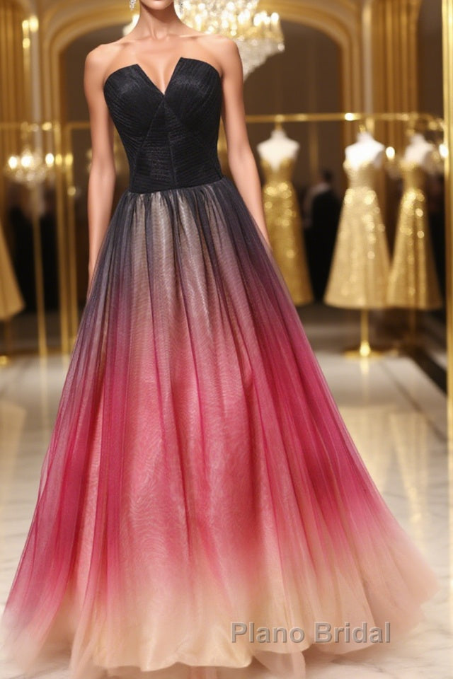 A Line V Neck Open Back Ombre Long Formal Prom Dress, Backless Ombre Formal Graduation Evening Dress Main image