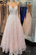 A Line V Neck Open Back Pink Lace Long Formal Prom Dress, Pink Lace Formal Graduation Evening Dress
