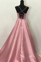 A Line V Neck Open Back Pink Satin Long Formal Prom Dresses, Open Back Pink Formal Graduation Evening Dresses