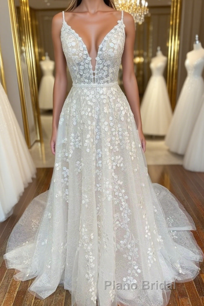 A Line V Neck Open Back White Lace Long Formal Prom Dress, V Neck White Lace Formal Dress, White Lace Evening Dress Main image