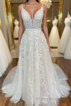 A Line V Neck Open Back White Lace Long Formal Prom Dress, V Neck White Lace Formal Dress, White Lace Evening Dress