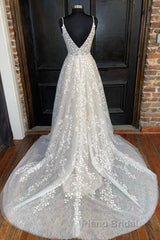 A Line V Neck Open Back White Lace Long Formal Prom Dress, V Neck White Lace Formal Dress, White Lace Evening Dress