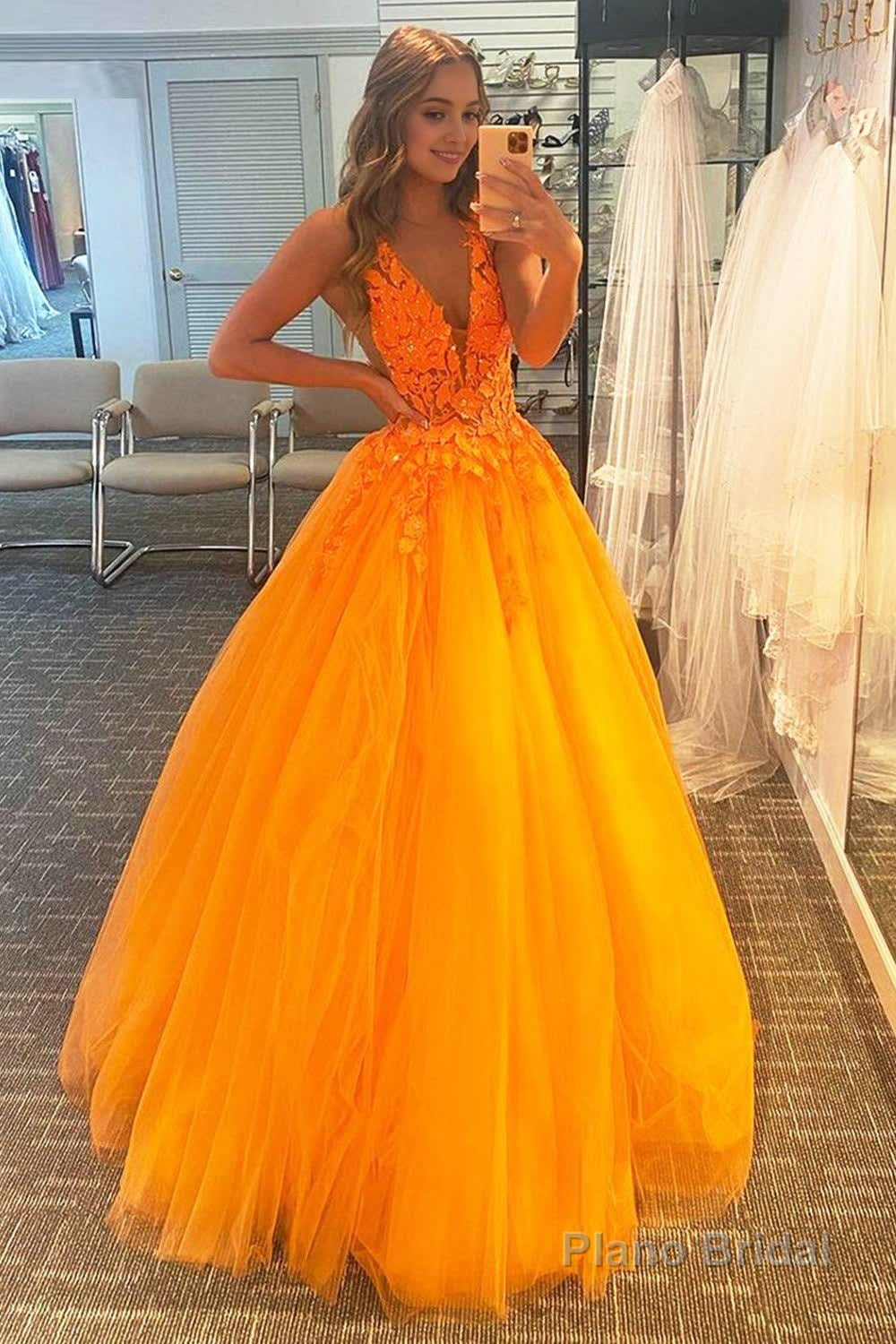 A Line V Neck Orange Prom Dress with Appliques Main image
