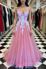 A Line V Neck Pink Long Formal Prom Dress with Lace Appliques, V Neck Pink Formal Dress, Pink Evening Dress
