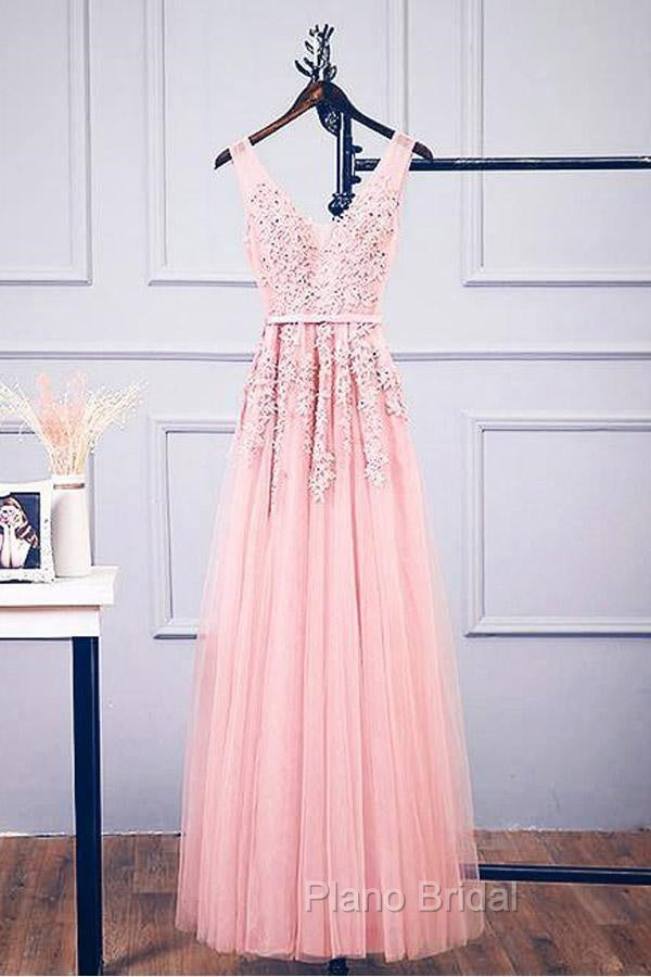 A-Line V Neck Pink Tulle Lace Applique Long Formal Prom Dresses Evening Dresses Secondary image