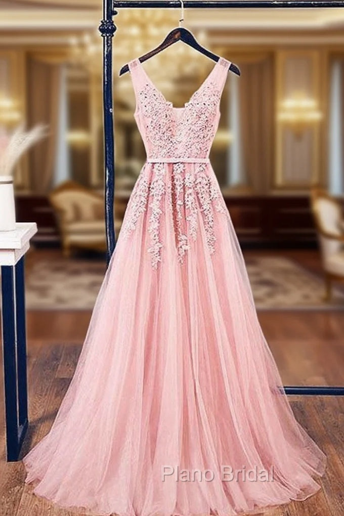 A-Line V Neck Pink Tulle Lace Applique Long Formal Prom Dresses Evening Dresses Main image