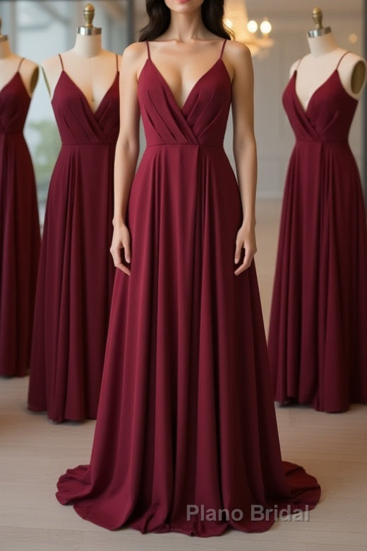 A Line V Neck Pleated Burgundy Long Formal Prom Dress, V Neck Burgundy Long Evening Dress, Burgundy Graduation Dress, Formal Dress