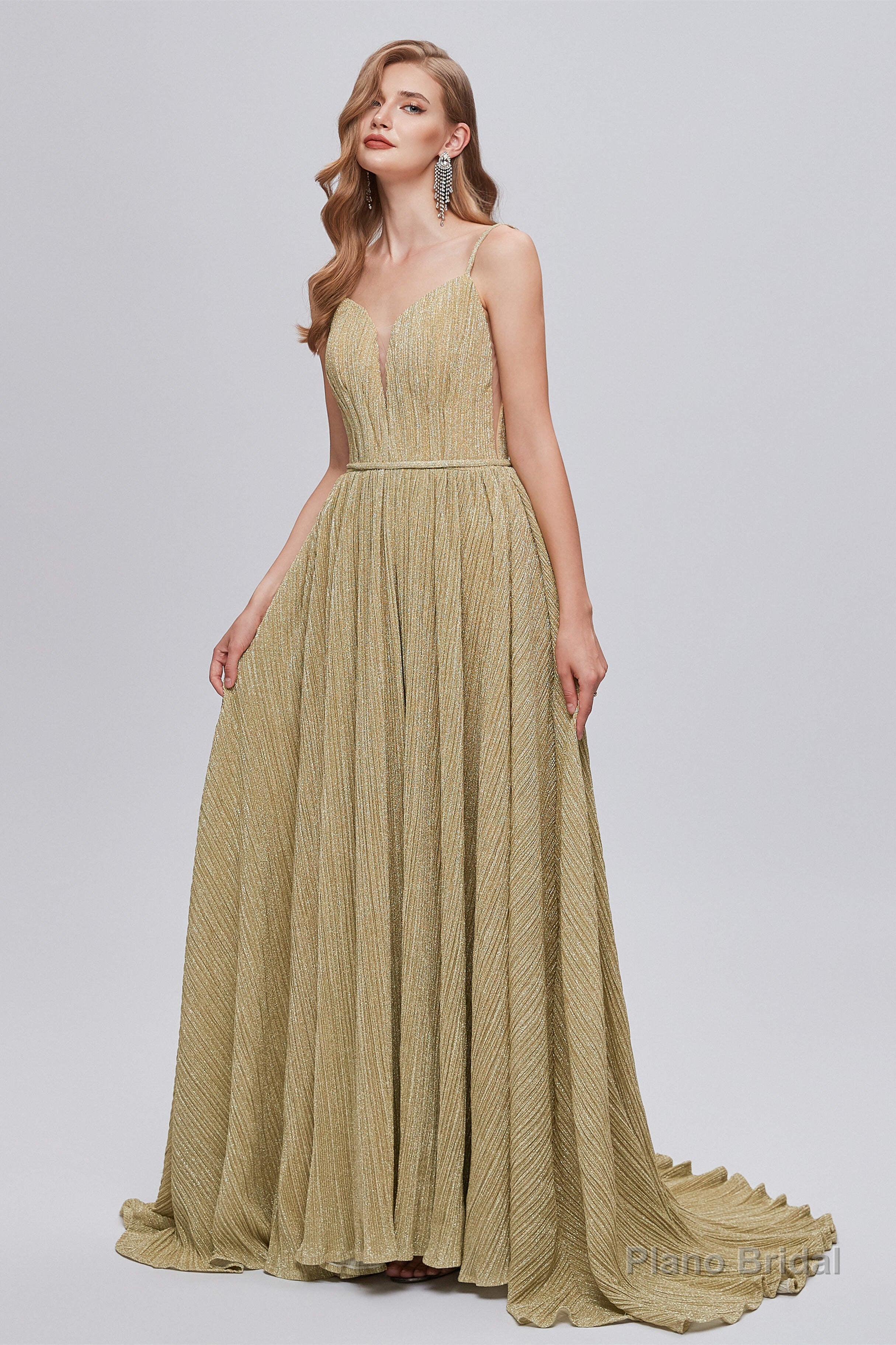 Pink Formal Dress, A-Line V-Neck Polyester With Train Sash Formal Party Dresses