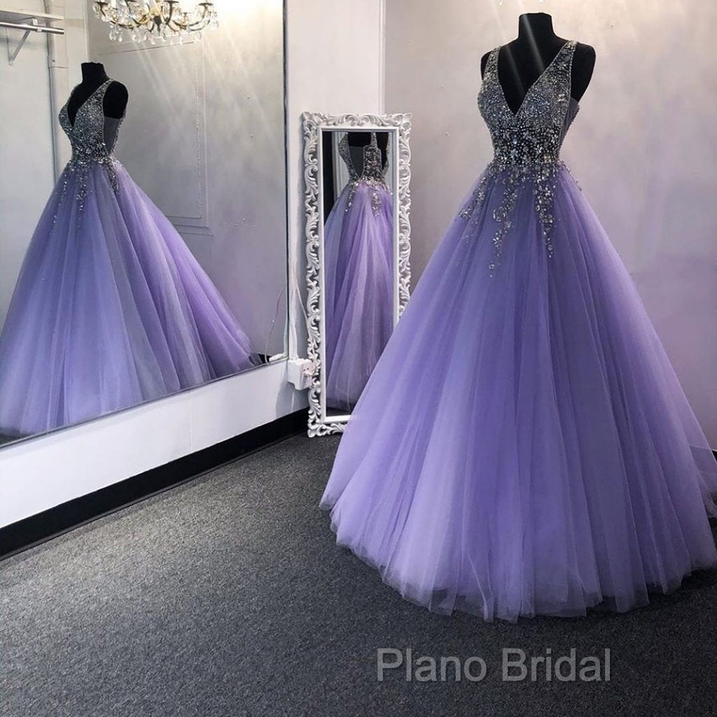A Line V Neck Purple Beaded Long Formal Prom Dresses, V Neck Backless Purple Long Formal Dresses Secondary image