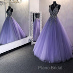 A Line V Neck Purple Beaded Long Formal Prom Dresses, V Neck Backless Purple Long Formal Dresses