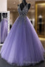 A Line V Neck Purple Beaded Long Formal Prom Dresses, V Neck Backless Purple Long Formal Dresses